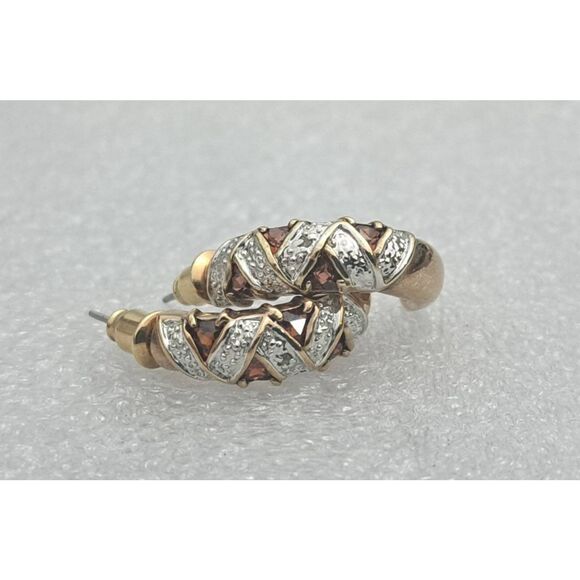 Pretty Vintage Genuine Garnet & Diamond Accent Half Huggie "J" Hoop Earrings - Picture 3 of 5